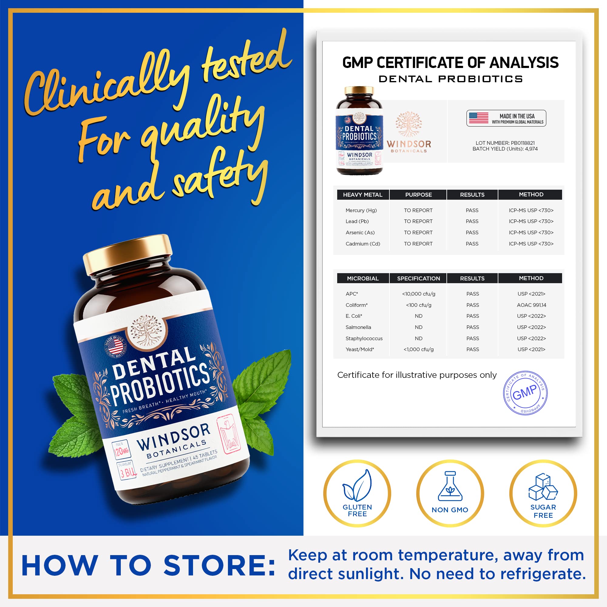 Windsor Botanicals Lactobacillus Salivarius tablet on surface suggests strong formula