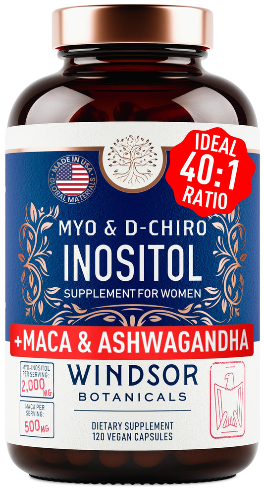 WINDSOR BOTANICALS Myo-Inositol & D-Chiro Inositol bottle supports hormonal balance.
