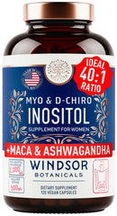 WINDSOR BOTANICALS Myo-Inositol & D-Chiro Inositol bottle supports hormonal balance.