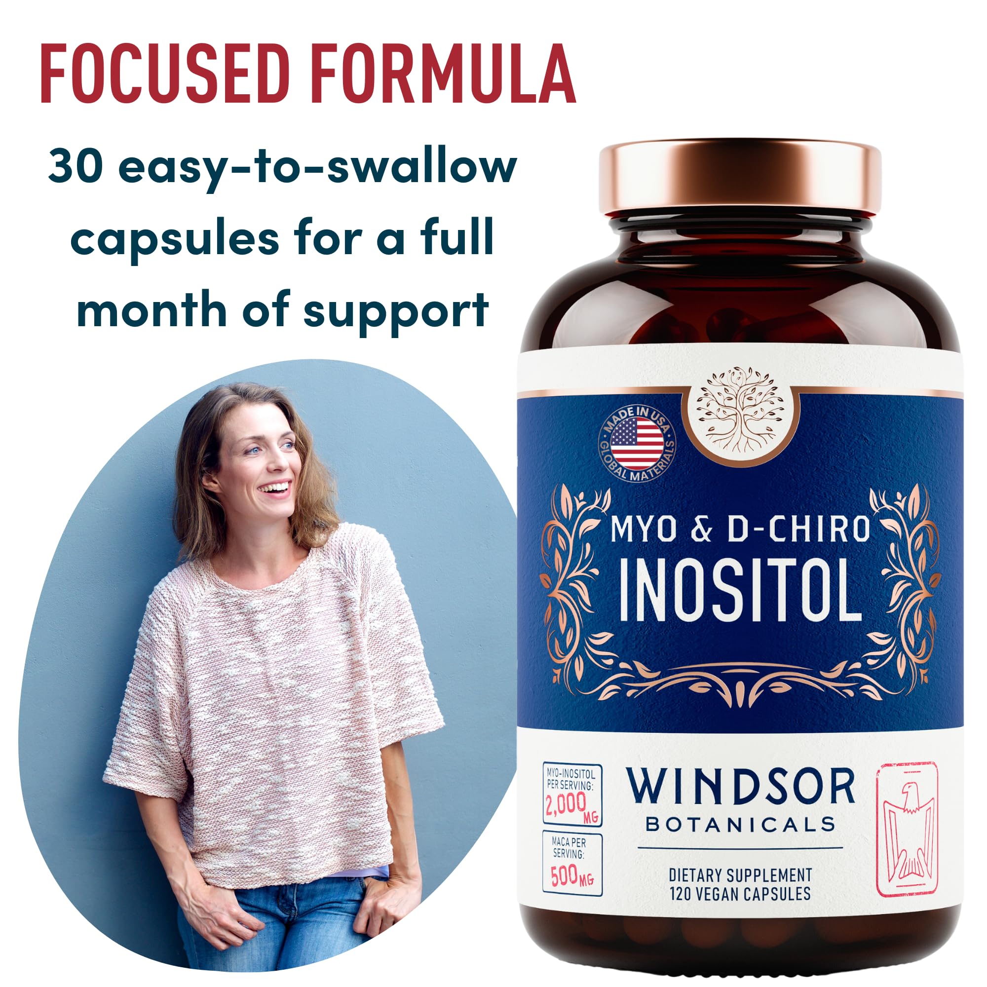 WINDSOR BOTANICALS Myo-Inositol & D-Chiro Inositol capsules closeup may support cycle regularity.