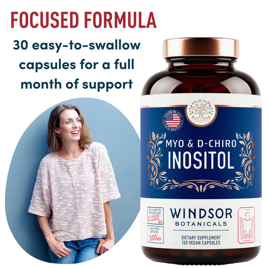 WINDSOR BOTANICALS Myo-Inositol & D-Chiro Inositol capsules closeup may support cycle regularity.