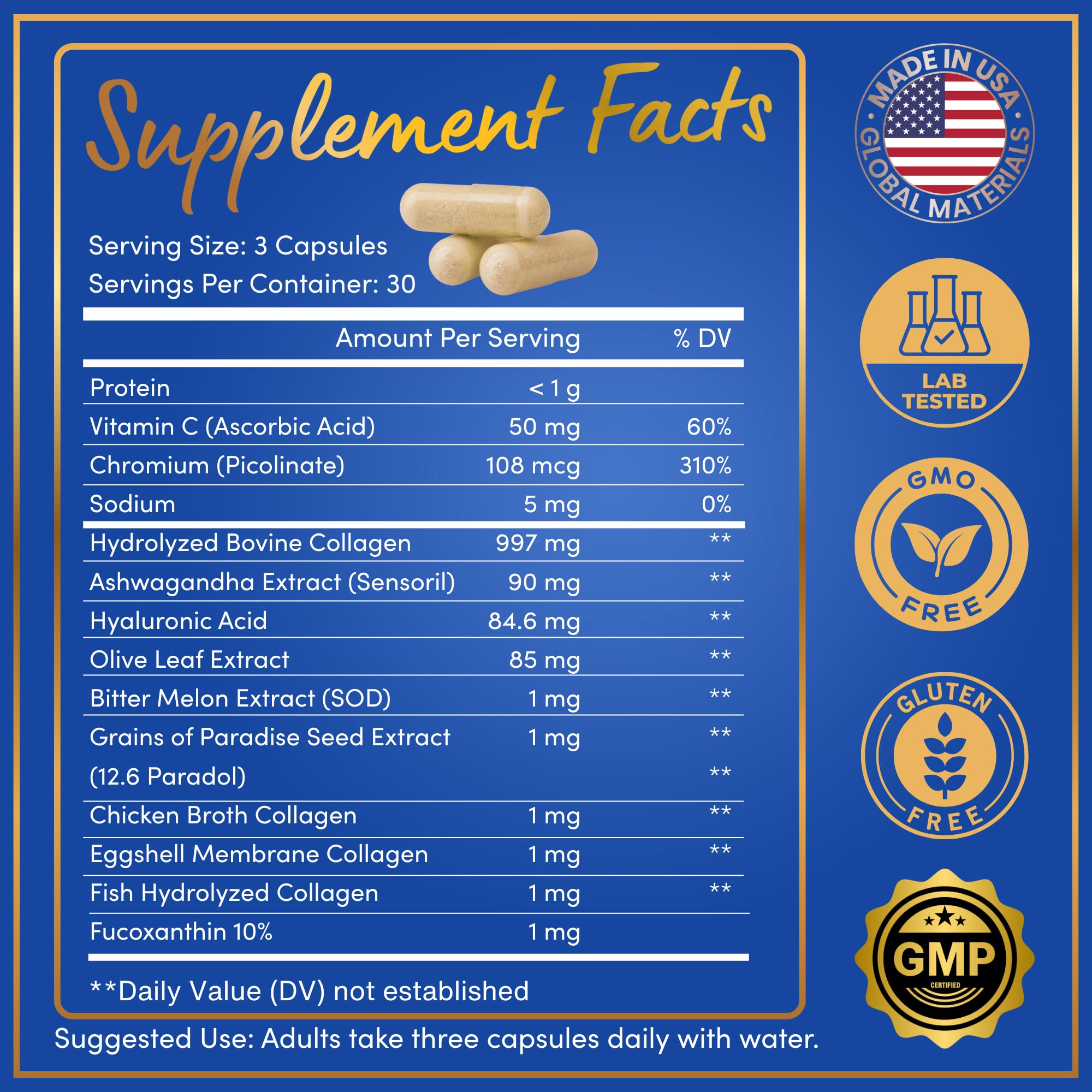 WINDSOR BOTANICALS label closeup shows collagen types for skin and nails.