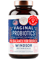 WINDSOR BOTANICALS vaginal probiotics bottle promotes daily balance.
