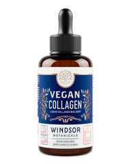 WINDSOR BOTANICALS vegan collagen liquid bottle with glass and pour