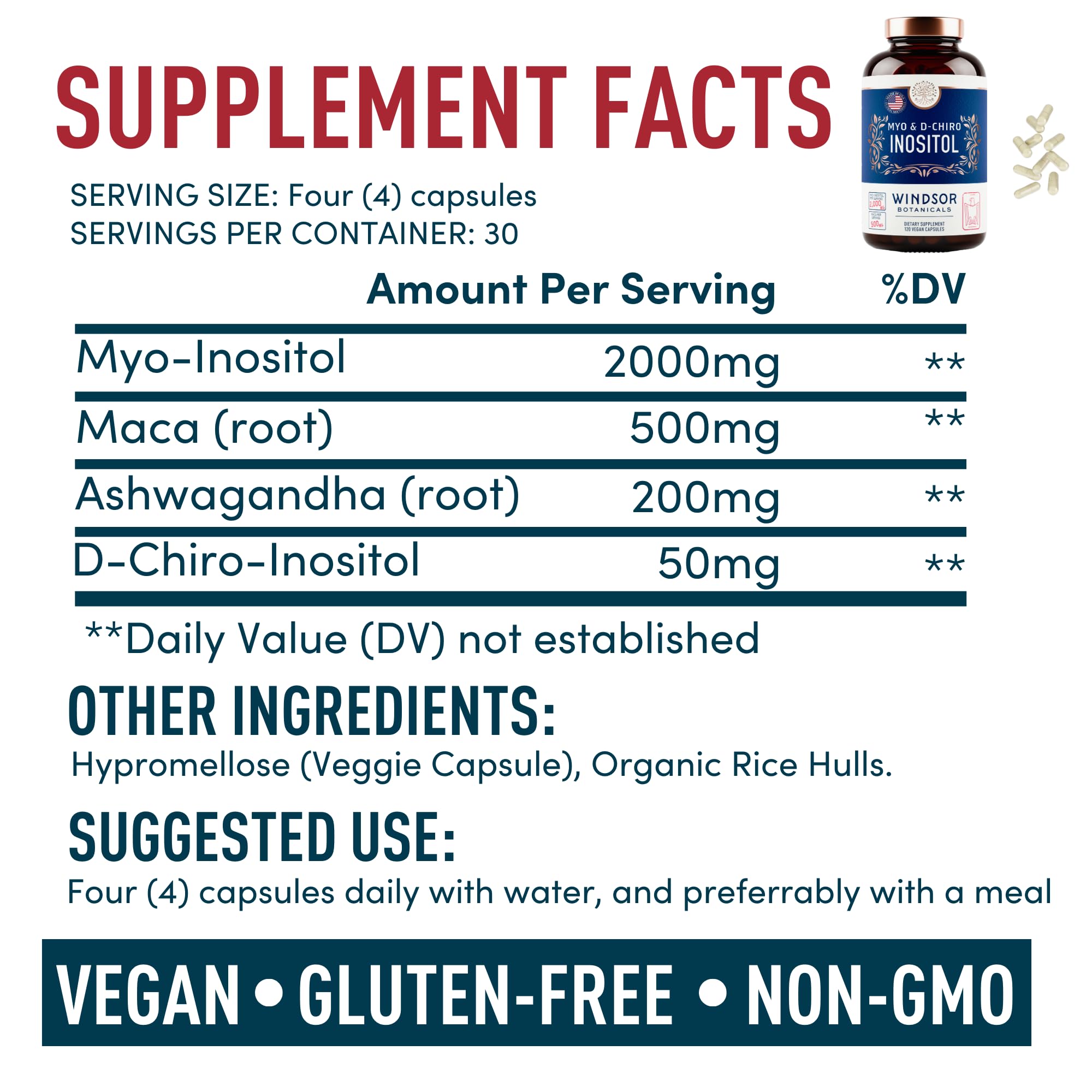 WINDSOR BOTANICALS vegan, non-GMO, gluten-free seal on packaging for ethical ingredients.