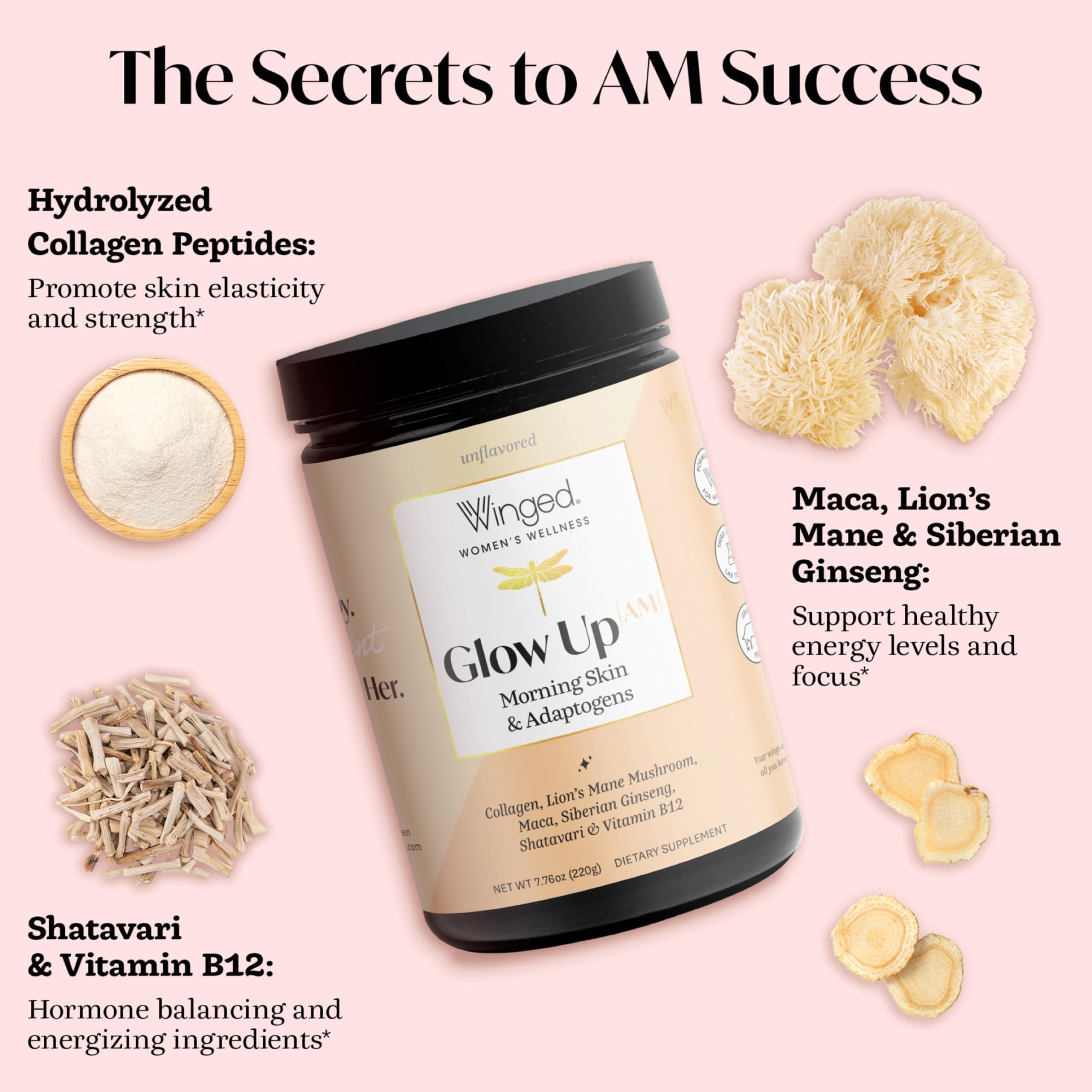 Glow Up AM beverage-mix blends smoothly into a drink for skin support