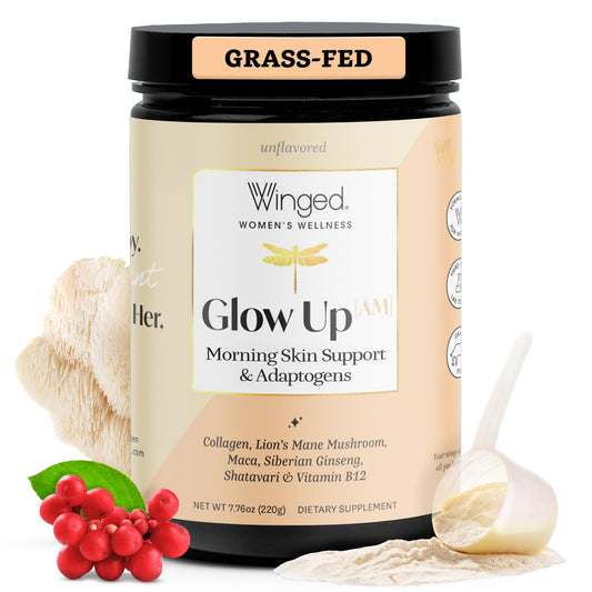 Winged Wellness Glow Up AM bottle pour for a quick energizing morning routine