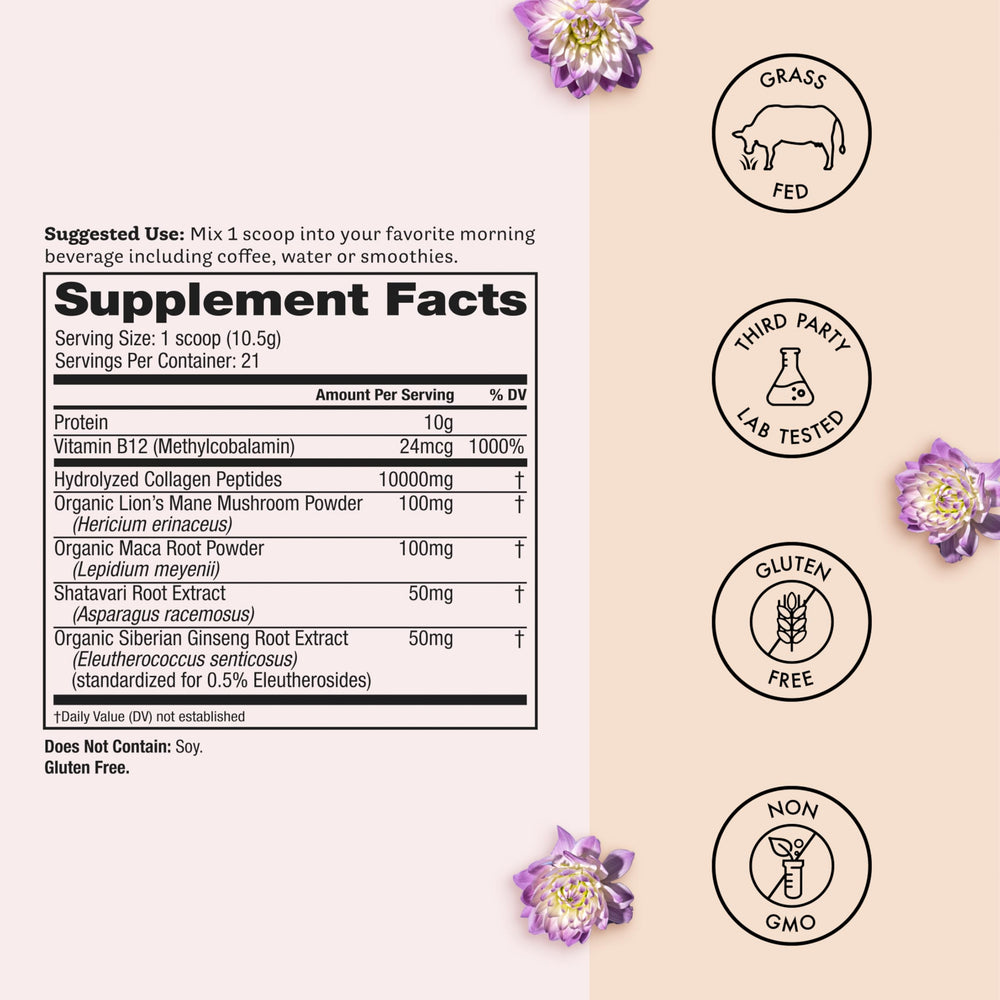 Glow Up AM packaging-label highlights gluten-free, unflavored formula