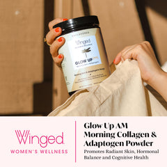 Glow Up AM scoop-dispense showing easy daily collagen supplementation