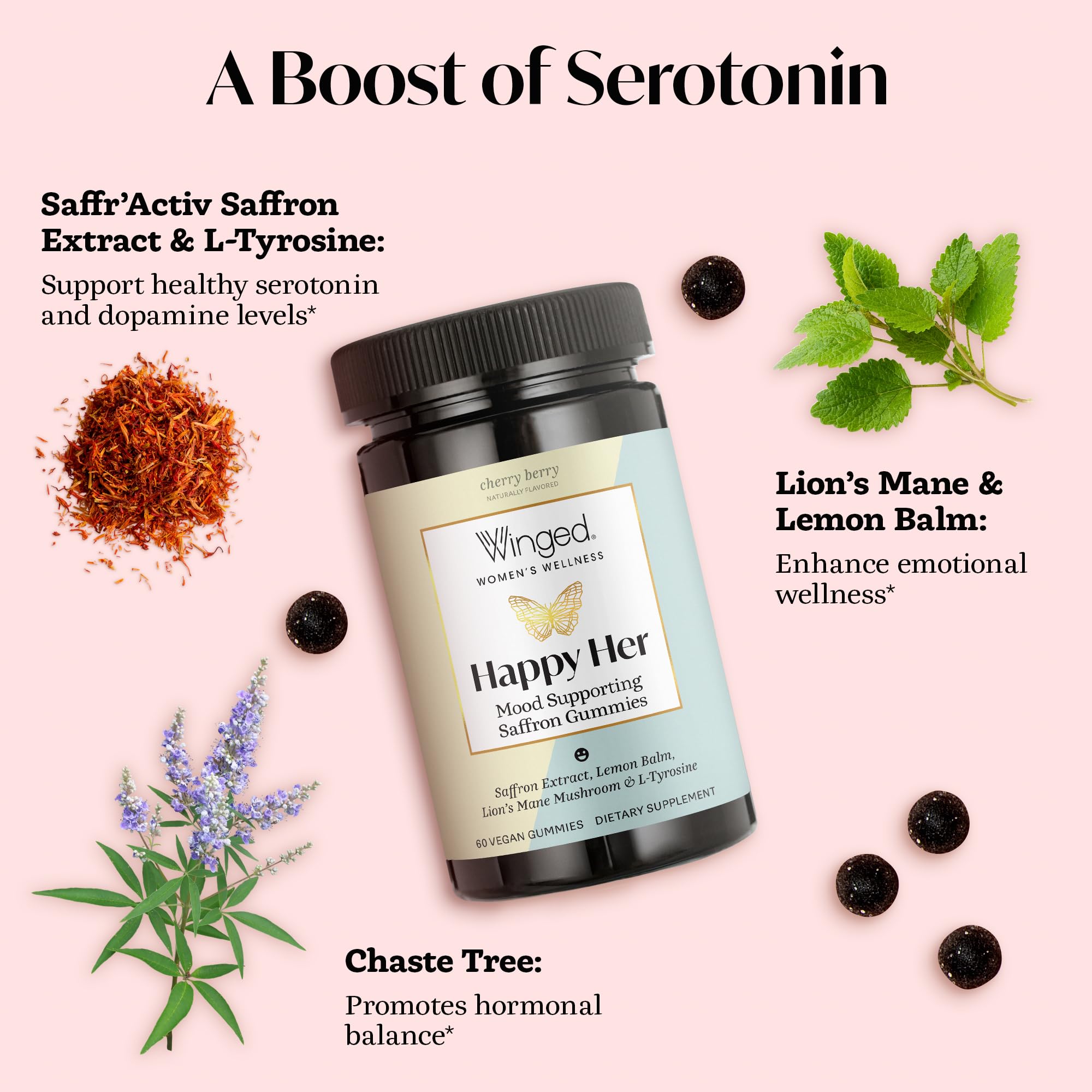 Winged Wellness Happy Her ingredients featuring saffron and lemon balm for balance