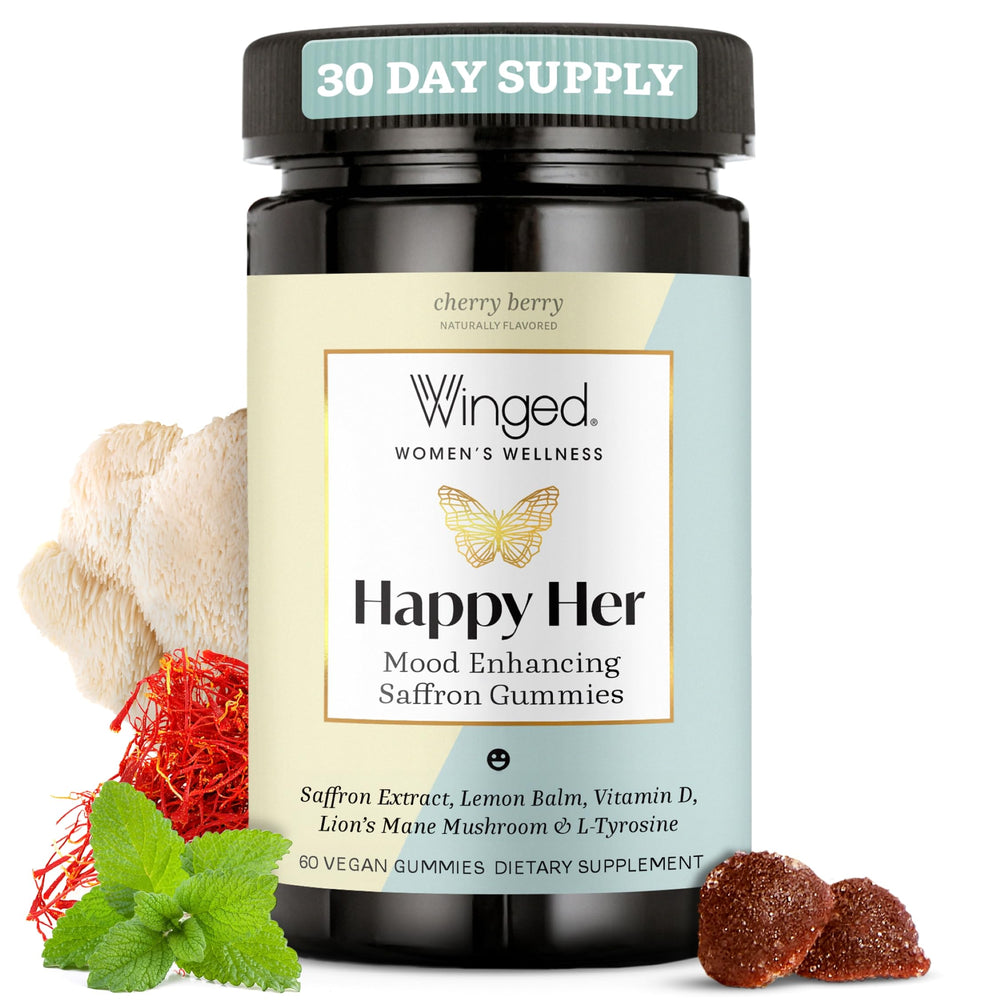 Winged Wellness Happy Her Mood Gummies bottle for daily mood support