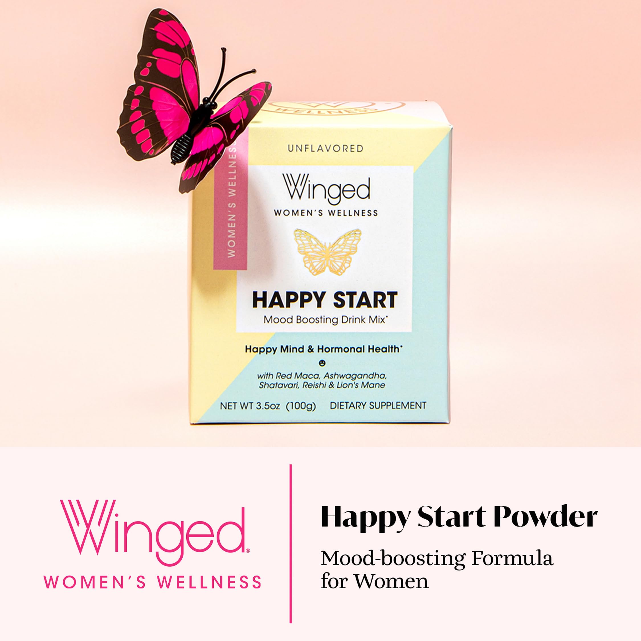 Winged Wellness Happy Start scoop beside the tin for a quick morning dose