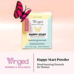 Winged Wellness Happy Start scoop beside the tin for a quick morning dose