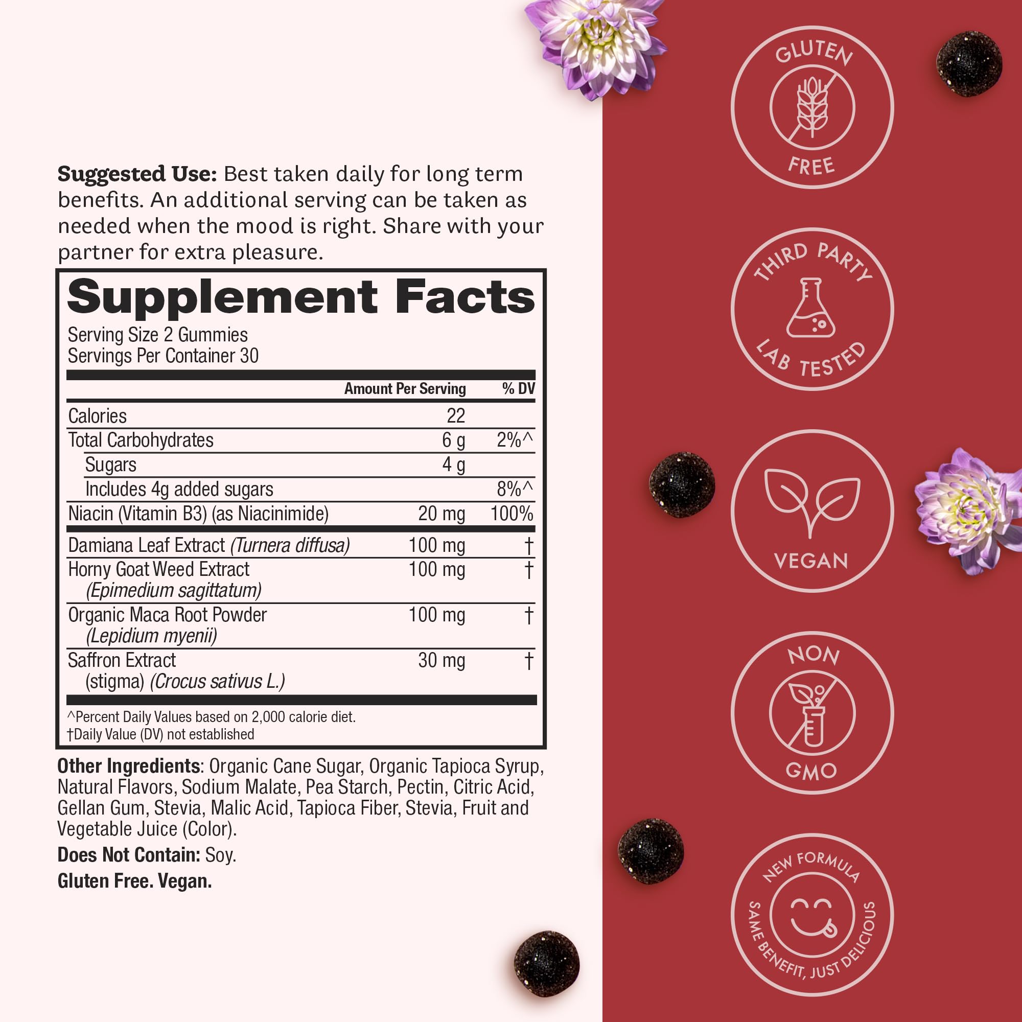 Winged Wellness Love Bites blue blueberry gummies close-up, ideal for mood-boosting routines