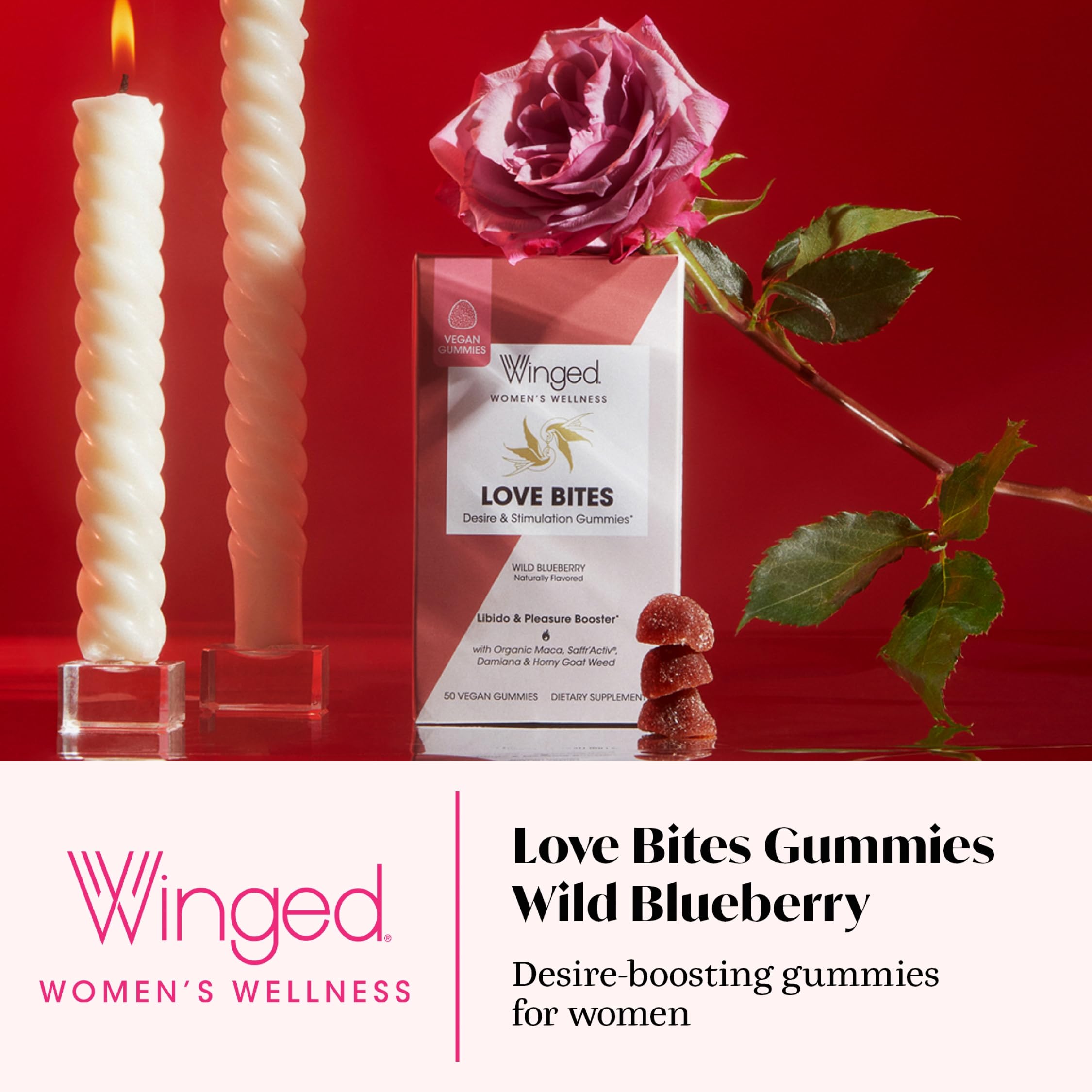 Winged Wellness Love Bites bottle back, ingredients list including maca and damiana