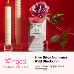 Winged Wellness Love Bites bottle back, ingredients list including maca and damiana