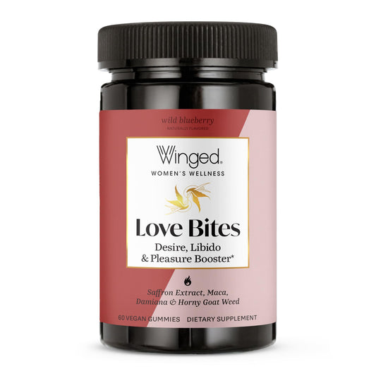 Winged Wellness Love Bites bottle front, vegan libido enhancement for women