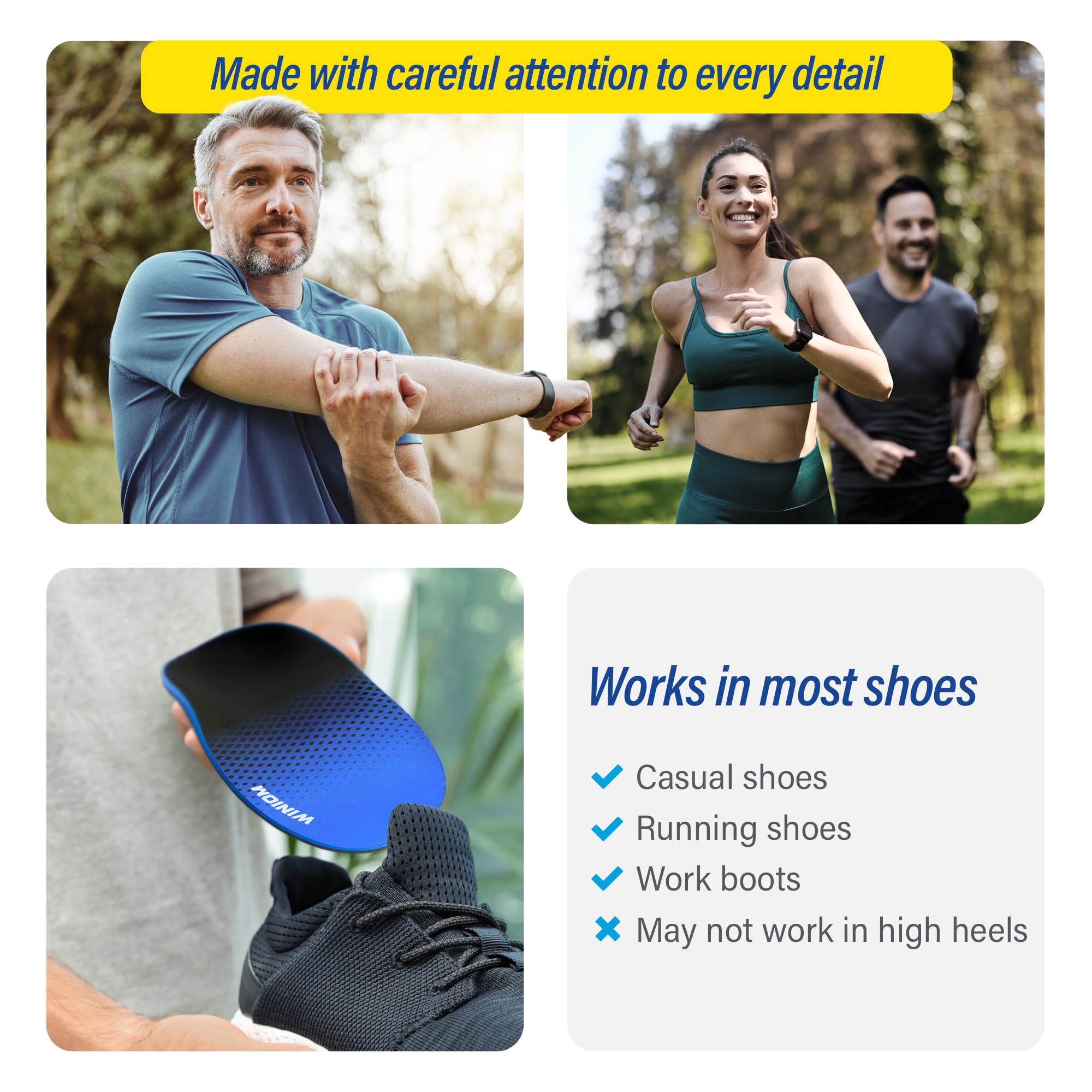 WINIOM shoe inserts on a shoe demonstrate compatibility for men and women