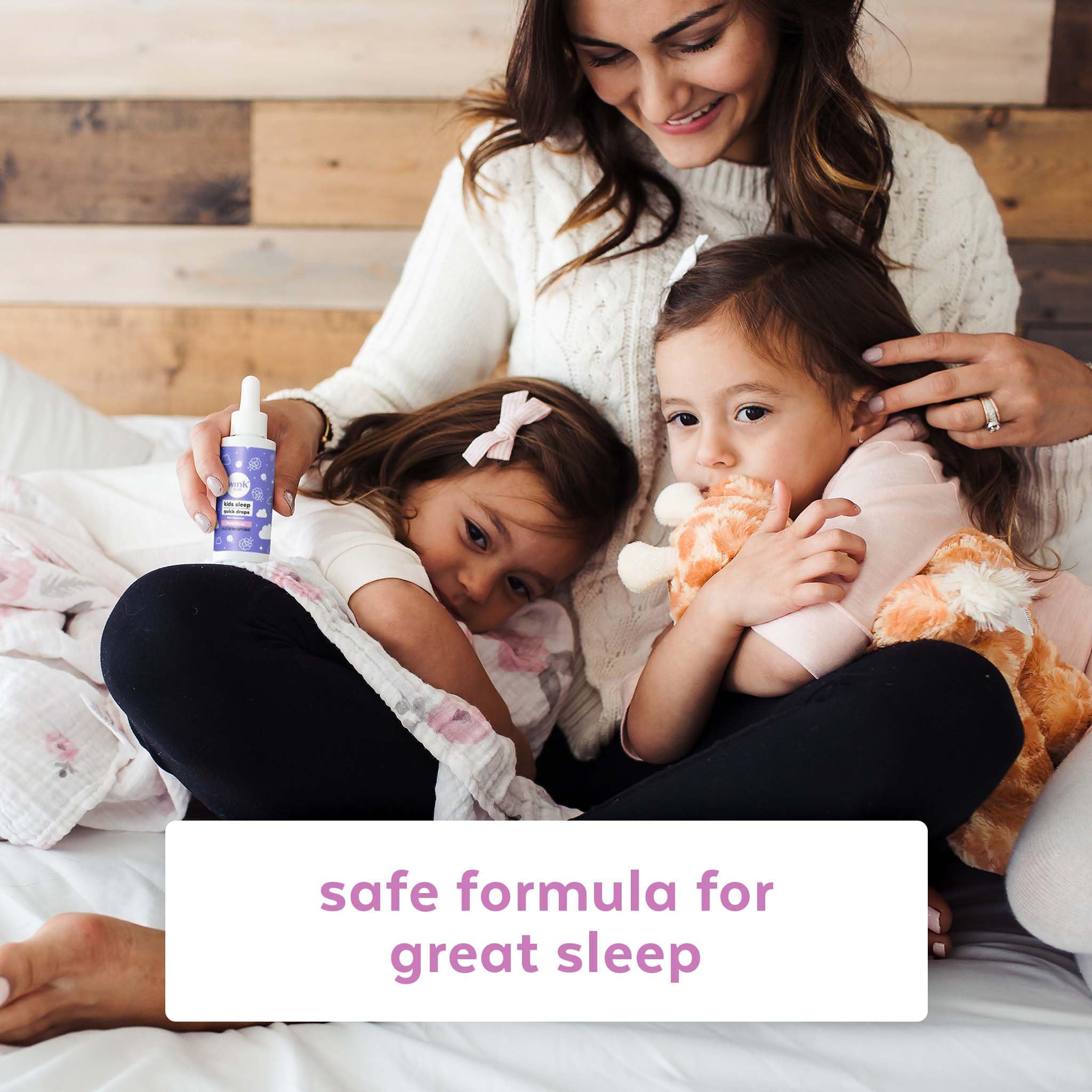 Wink Naturals WinkWell Kids Melatonin bedtime scene with a sleeping child