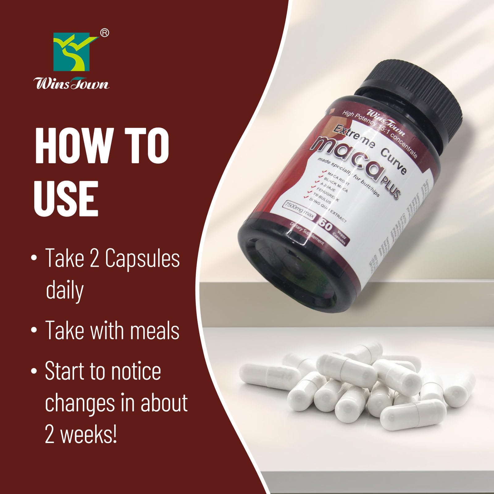 Wins Town Maca Plus bottle on desk for everyday health support.