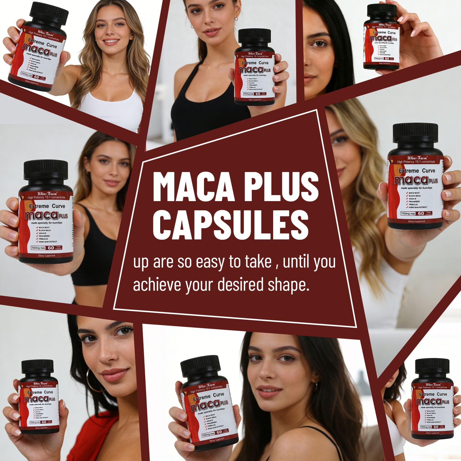 Wins Town Maca Plus health scene with bottle and plant imagery promoting vitality.