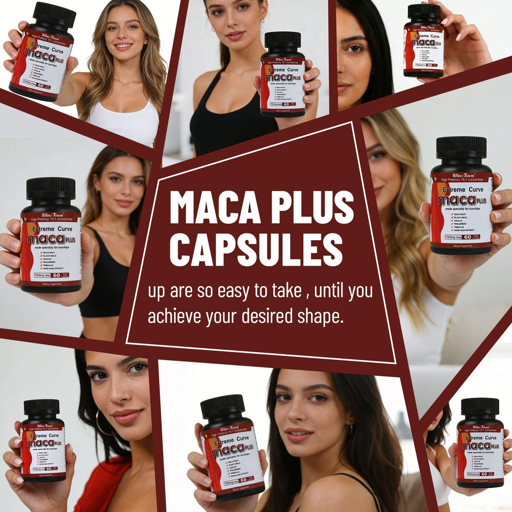 Wins Town Maca Plus health scene with bottle and plant imagery promoting vitality.