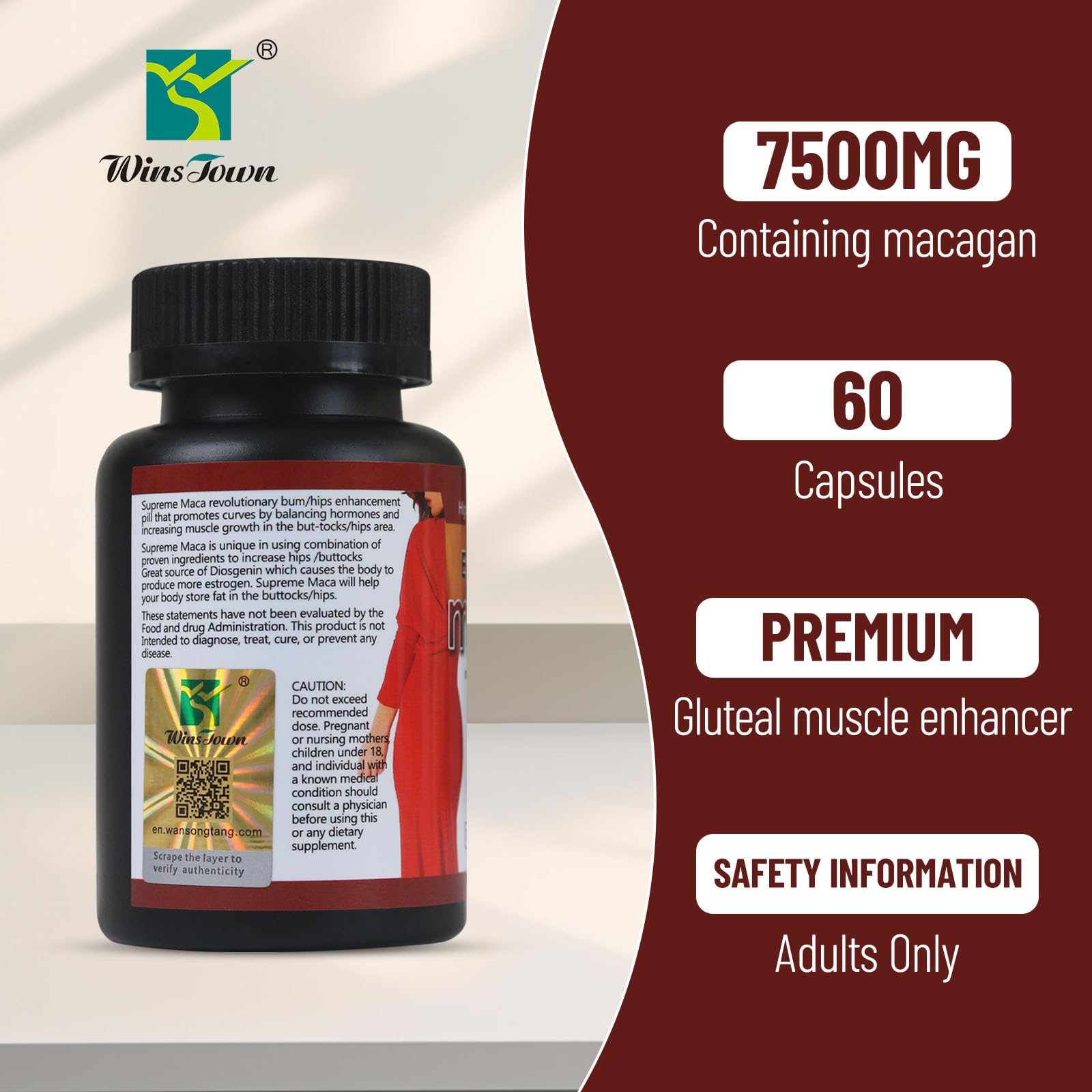 Wins Town Maca Plus label closeup emphasizing gluten-free, clean ingredients.