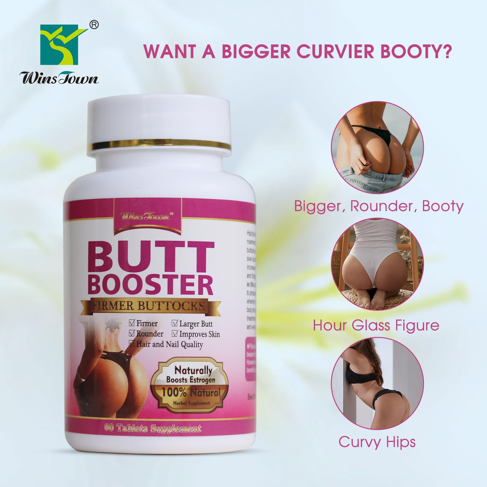 Wins Town Butt Booster capsules close-up with herbal formula for curves