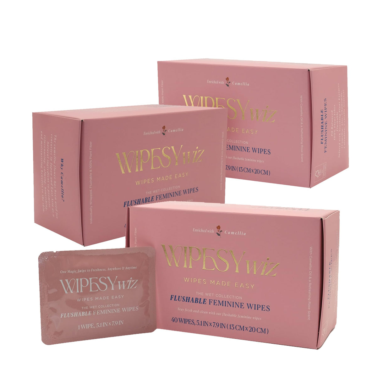 WIPESYwiz flushable feminine wipes on front pack for on-the-go freshness.