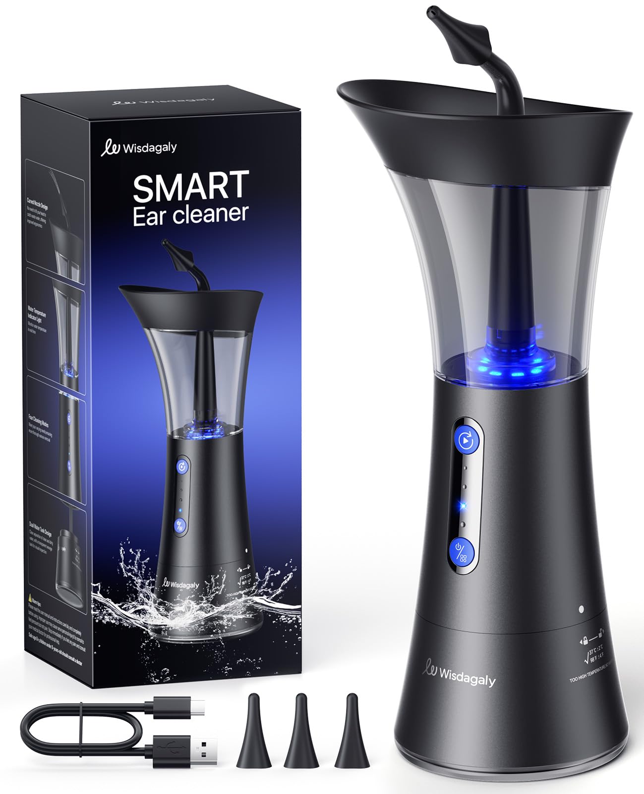 Wisdagaly ear cleaner in use with dual-tank system for clean water handling