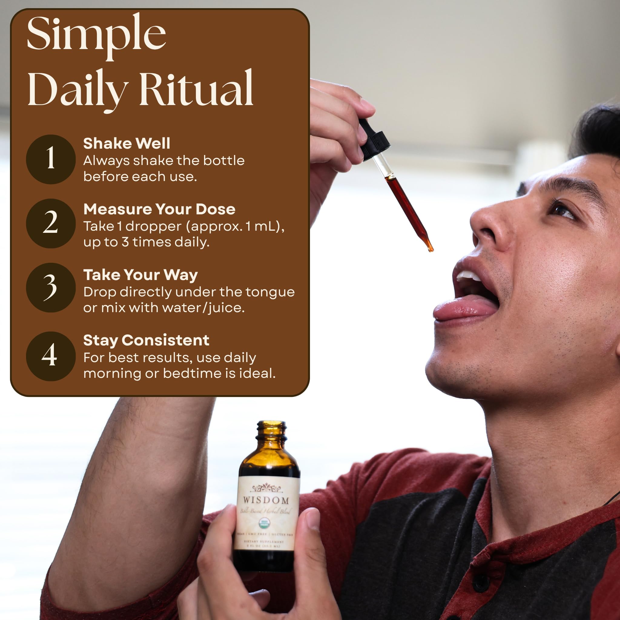 Wisdom Nutrition organic drops bottle in natural light hints at gentle daily detox support.