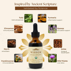 Wisdom Nutrition drops label close-up confirms vegan, non-GMO formulation for mindful shoppers.