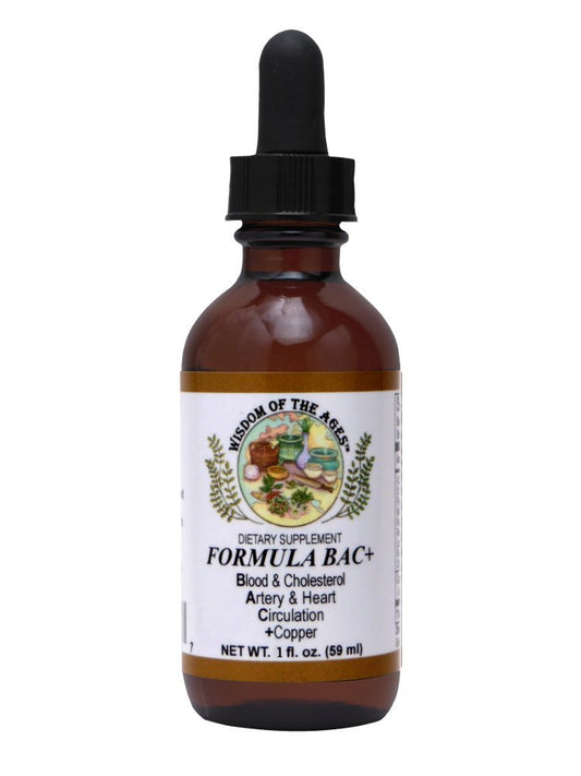 Wisdom of the Ages BAC+ bottle showing a heart-health tincture for circulation support.