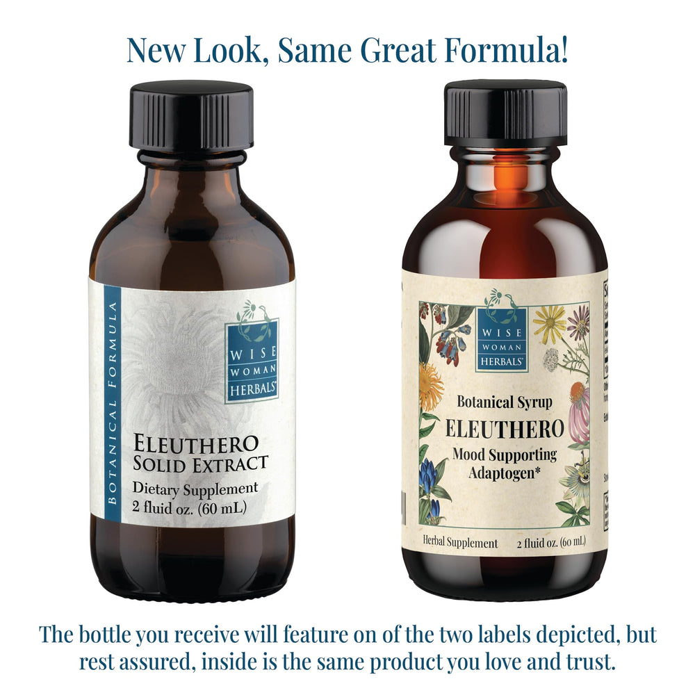 Wise Woman Eleuthero Syrup label closeup highlighting natural ingredients.