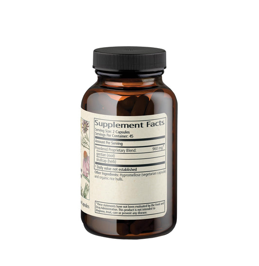 Wise Woman Herbals Gentian & Skullcap 90 vegetarian capsules highlight non-GMO formula.