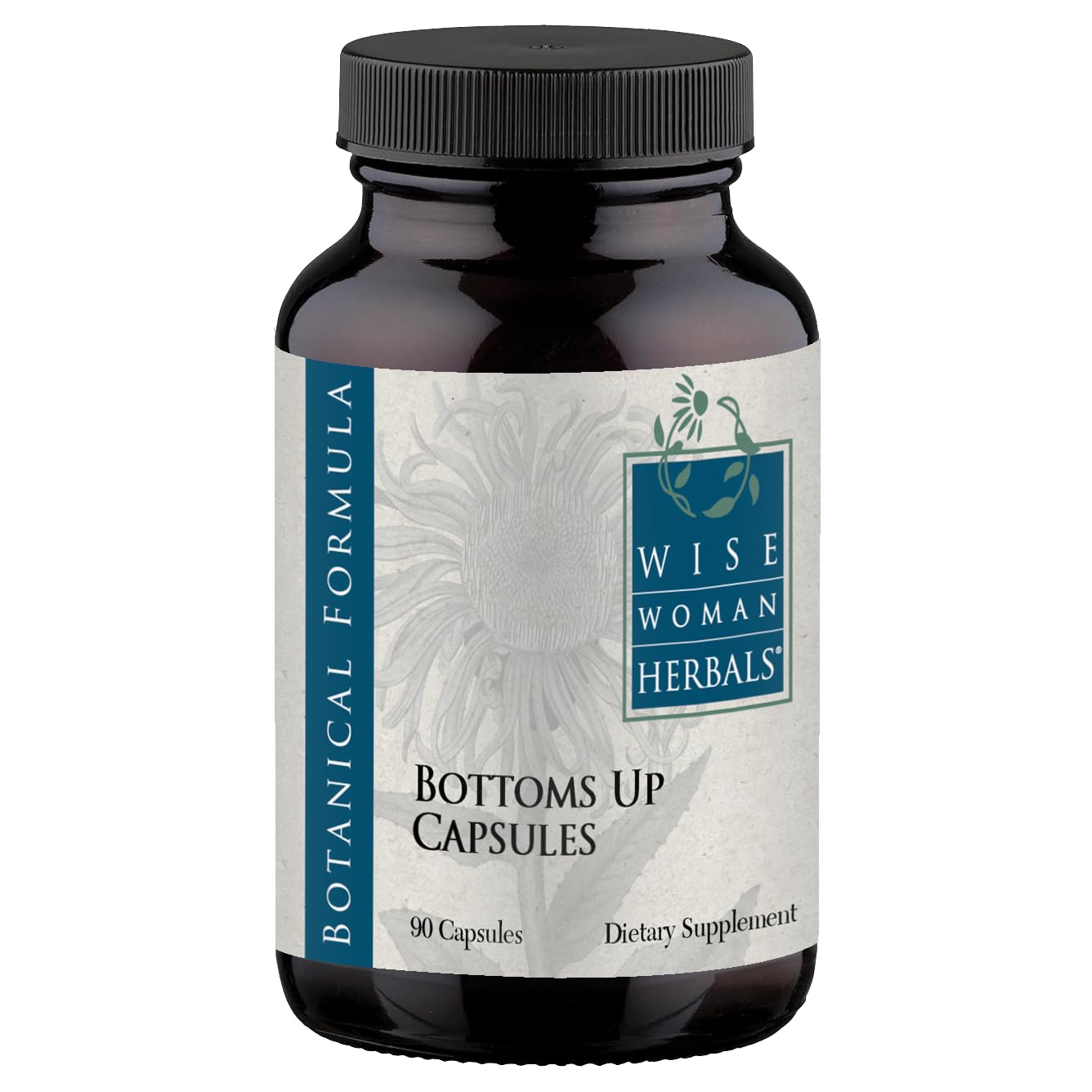 Wise Woman Herbals Bottoms Up bottle in amber glass supports daily venous comfort.