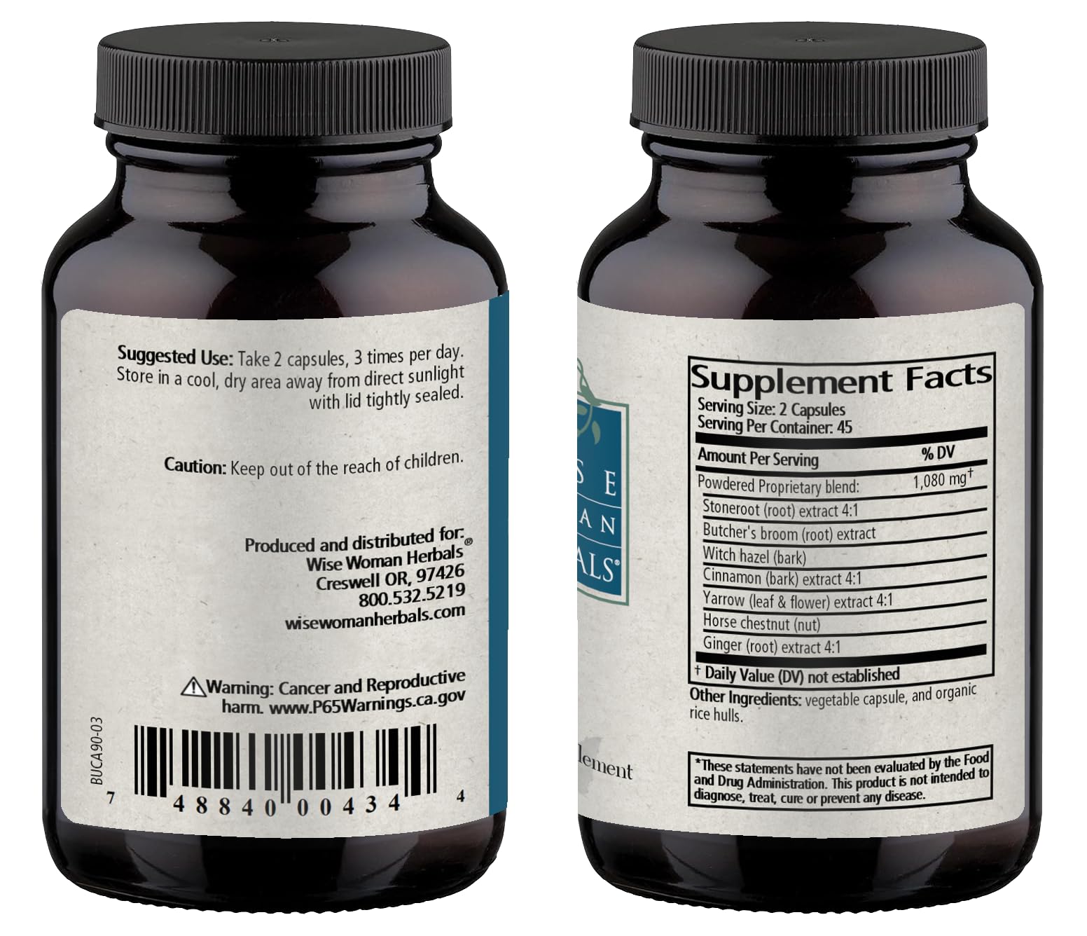 Wise Woman Herbals Bottoms Up capsules close-up highlighting vegetarian capsules for pure ingredients.