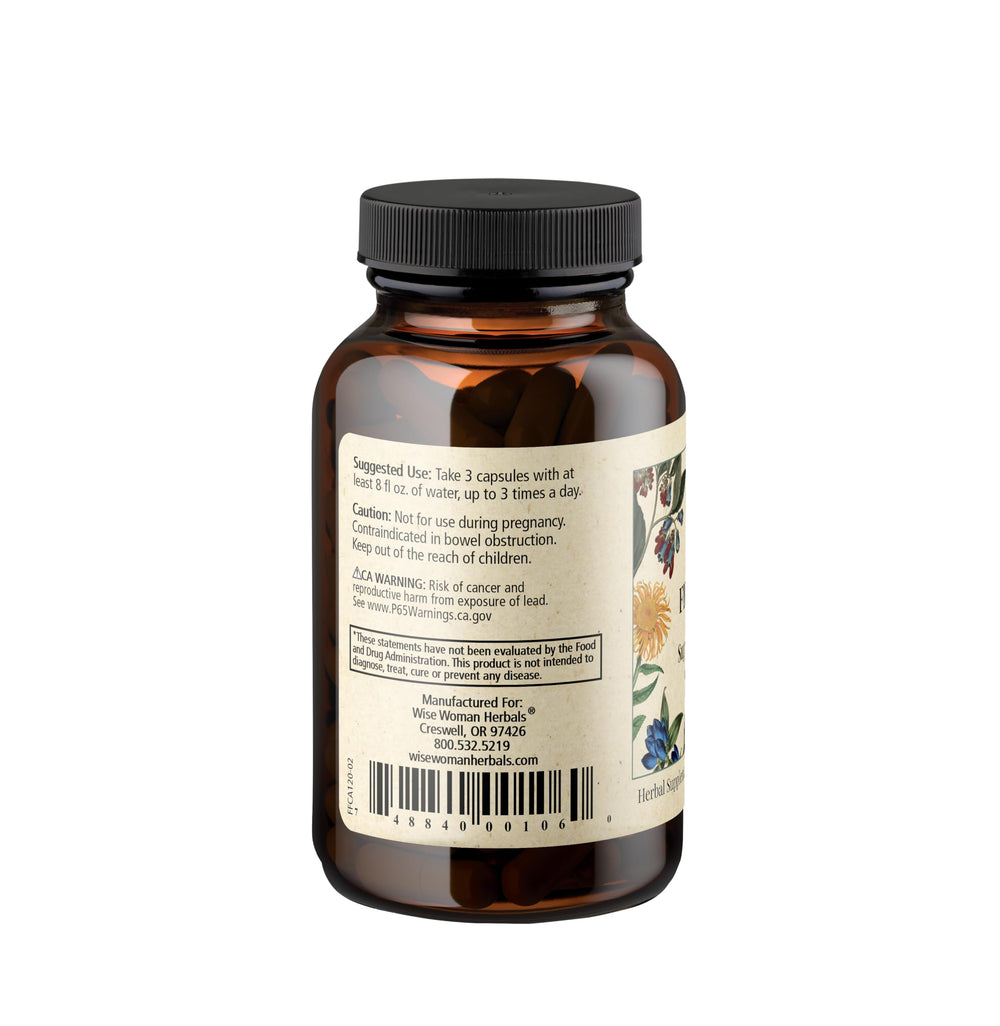Wise Woman Herbals Fiber Flow capsules closeup highlighting vegetarian capsule and plant based formula