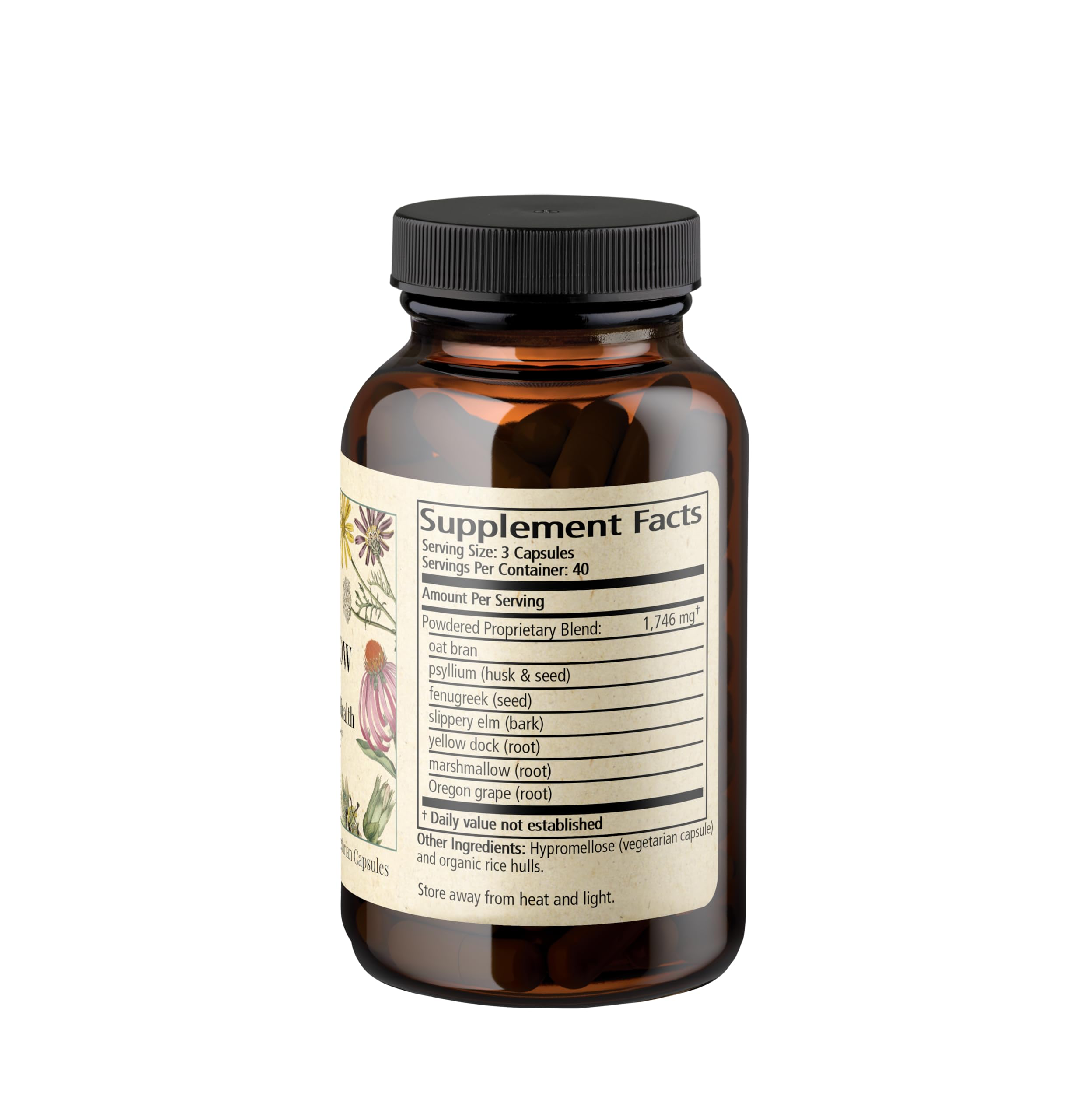 Wise Woman Herbals Fiber Flow capsules ingredients panel shows natural fiber blend for gut health