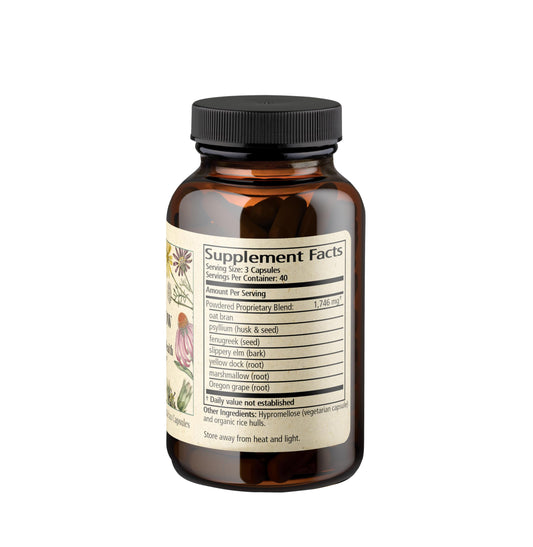 Wise Woman Herbals Fiber Flow capsules ingredients panel shows natural fiber blend for gut health