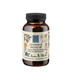 Wise Woman Herbals Gentian & Skullcap digestion bottle showcases soothing capsules for GI comfort.