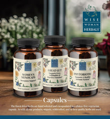 Wise Woman Herbals Great Gut capsules being poured for daily use