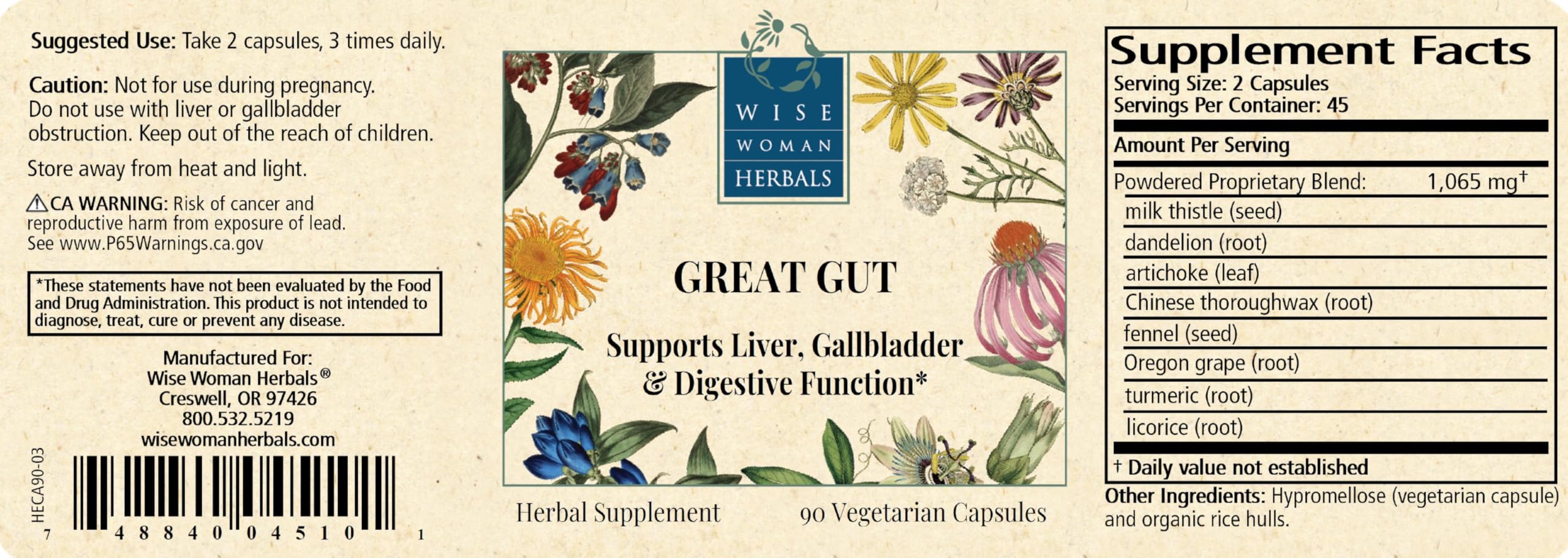 Wise Woman Herbals Great Gut blend with ingredients list highlights herbal support