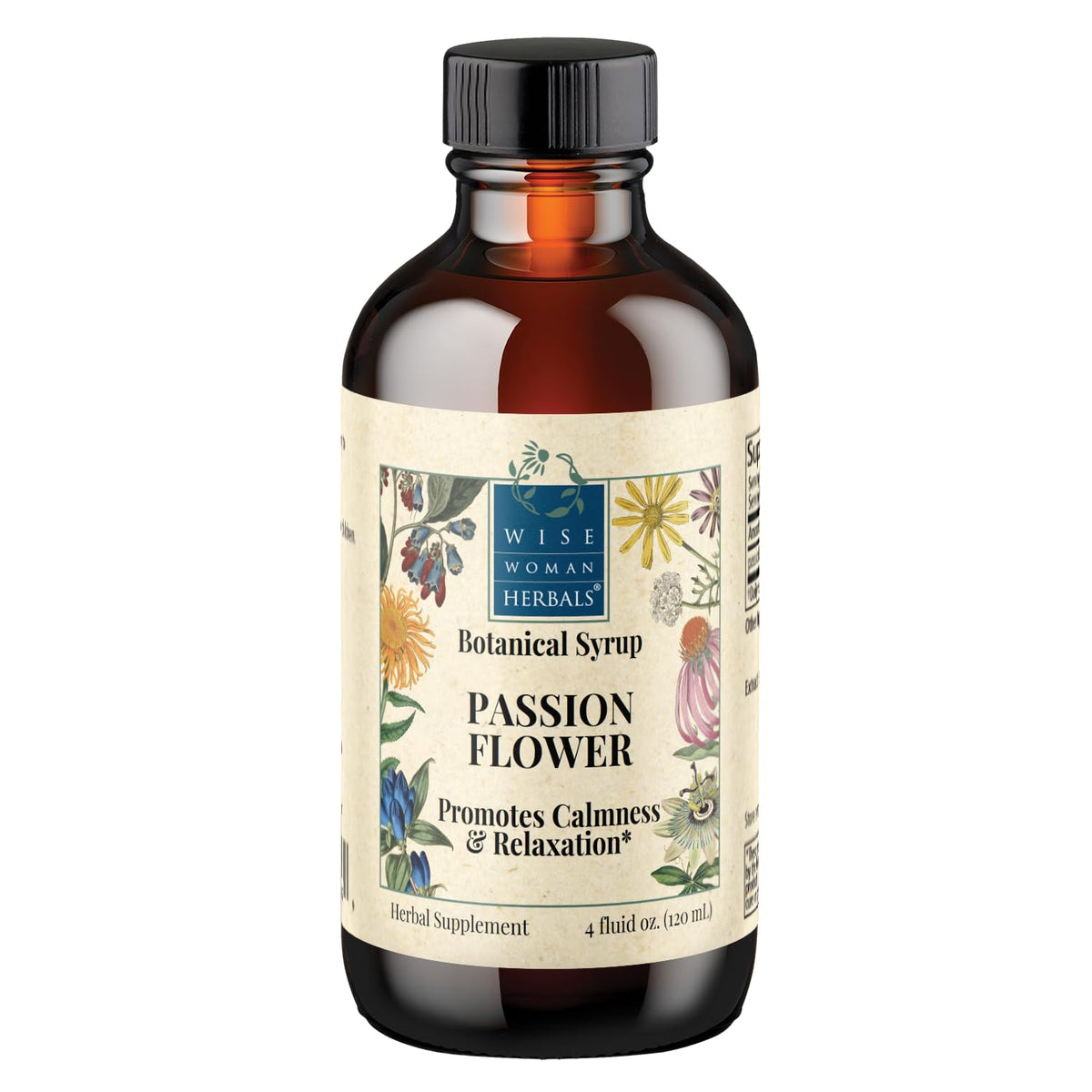Wise Woman Herbals passionflower syrup bottle on wood table for relaxation