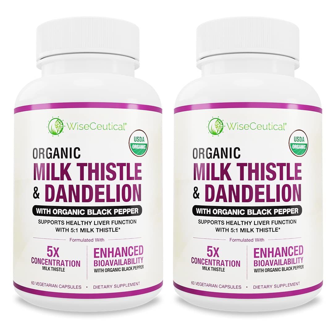 Wiseceutical max absorption bottle shows 5:1 organic milk thistle extract potency.