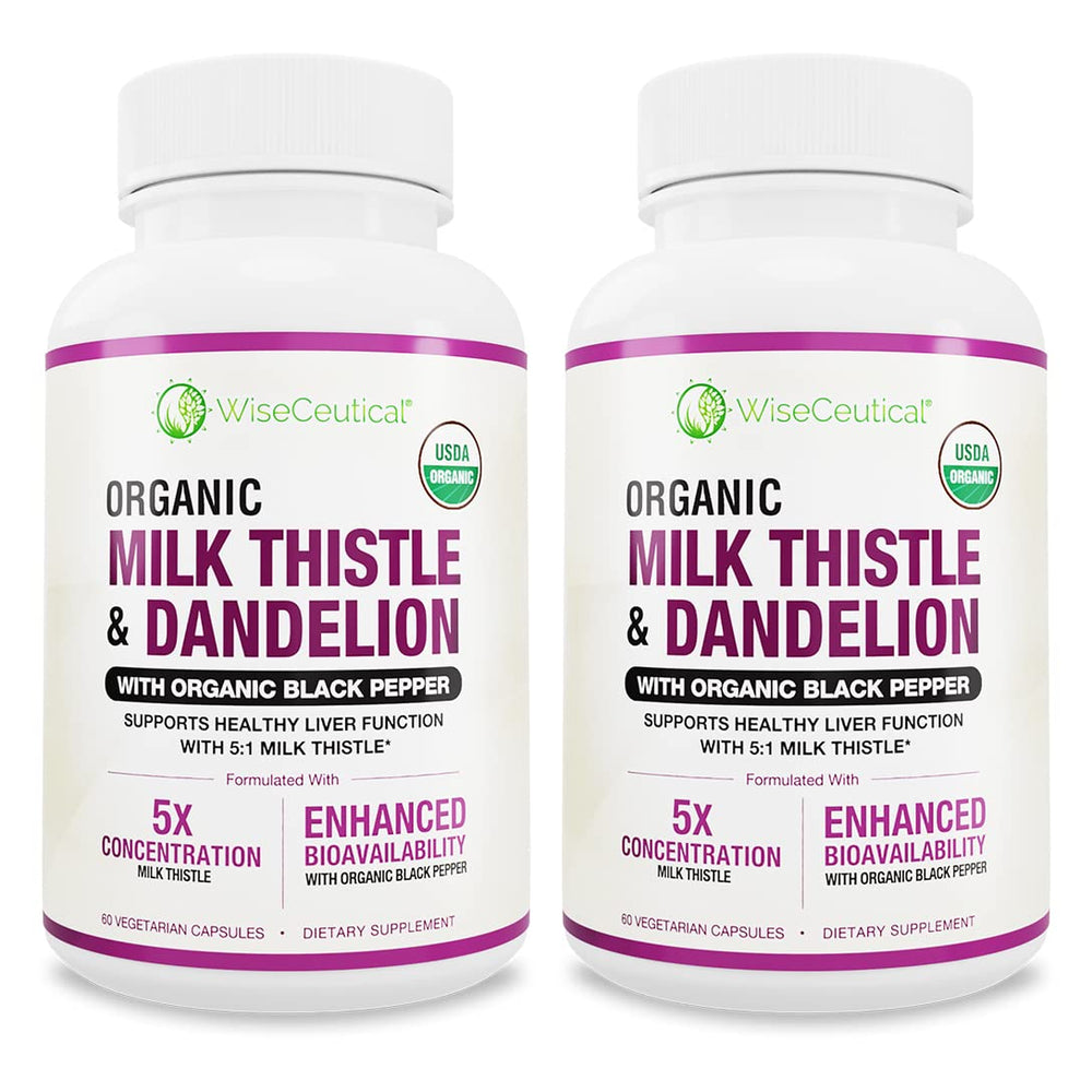 Wiseceutical max absorption bottle shows 5:1 organic milk thistle extract potency.