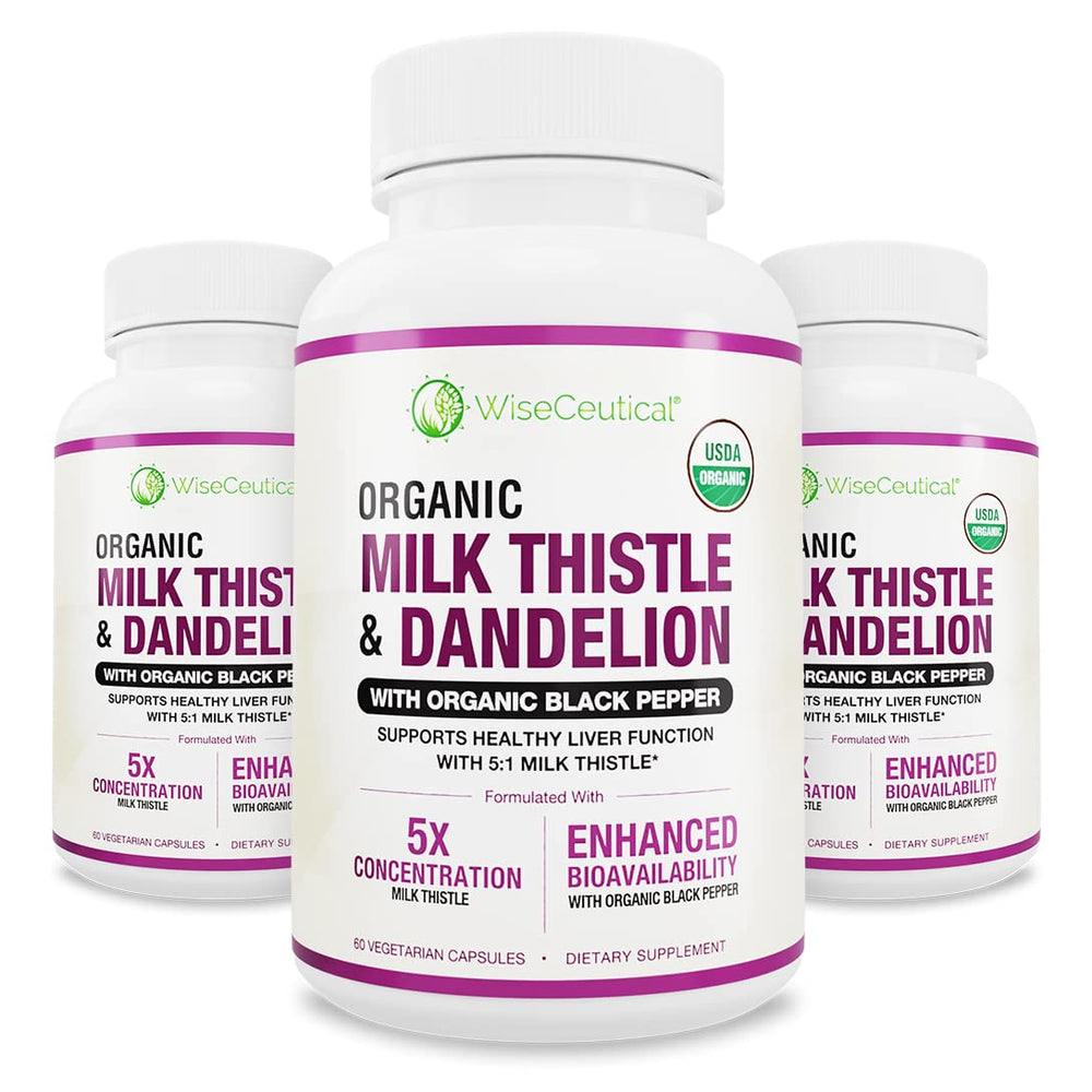 Wiseceutical milk thistle bottle highlighting 5:1 extract for daily liver support.