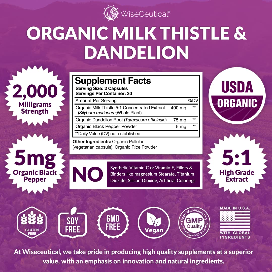 Wiseceutical organic milk thistle and dandelion label highlights triple action.