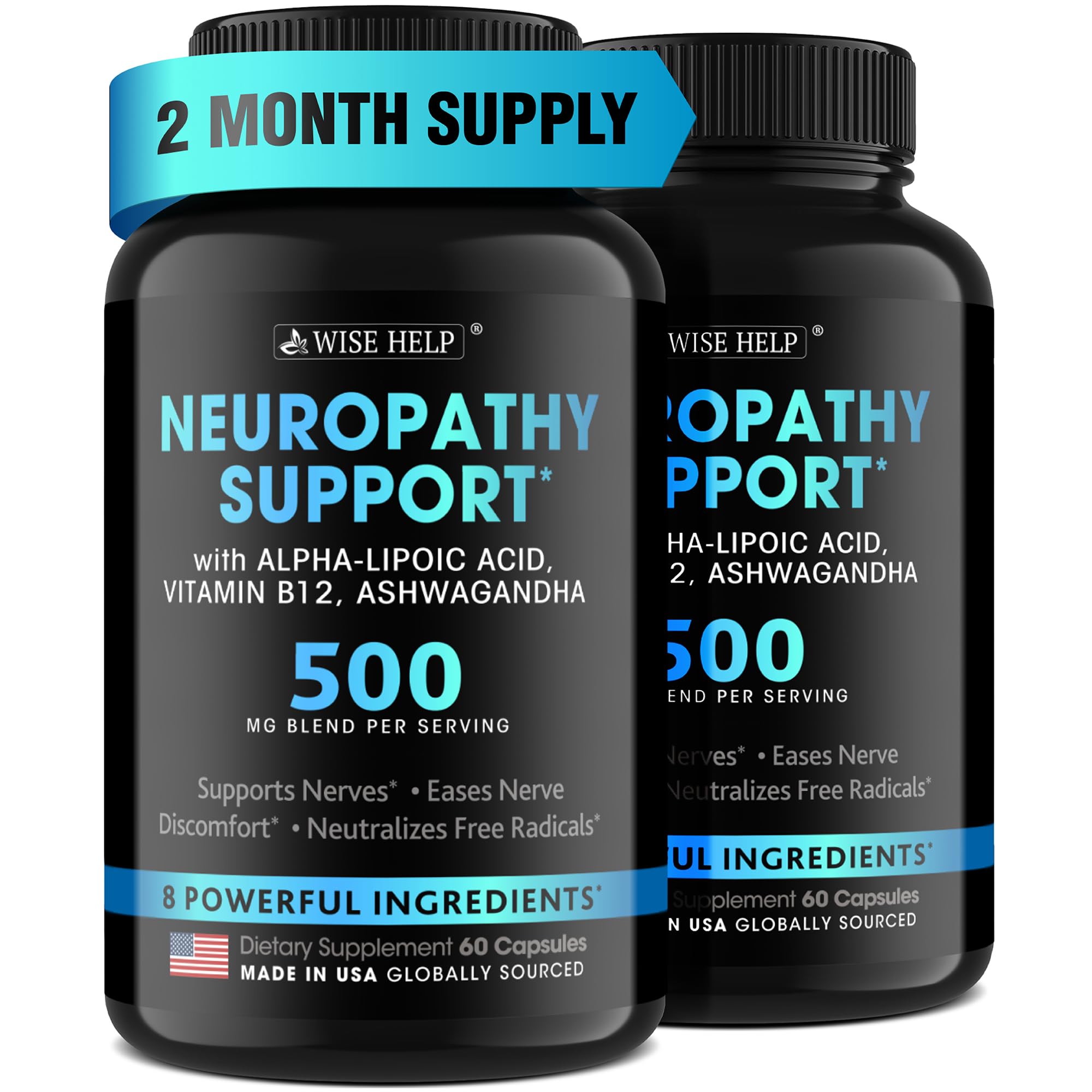 Wisehelp Neuropathy Support bottle pouring, easing occasional nerve discomfort and supporting nerve health.