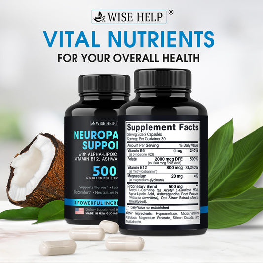 Wisehelp Neuropathy Support capsules close-up for reliable daily antioxidant nerve support.